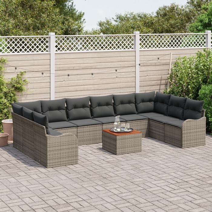 Ensemble de Canapés de Jardin vidaXL 11 Pièces avec Coussins Gris Poly Rattan Acacia, Canapé de Jardin 2 Places vidaXL avec 3356172