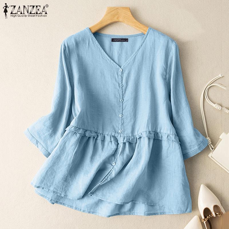 

ZANZEA Женская летняя повседневная хлопковая блузка с круглым вырезом и рукавами 3/4, топы