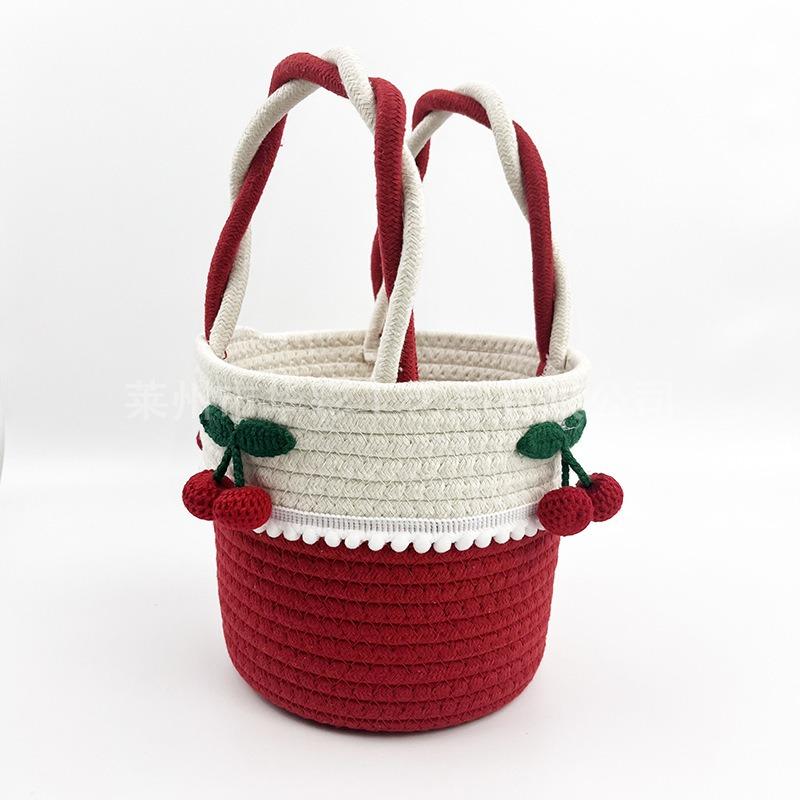 Sales Cotton Thread Women's Bags, Cute Cherry Women's Portable Casual Small Bags, Hand-woven Cotton Rope Storage Bags