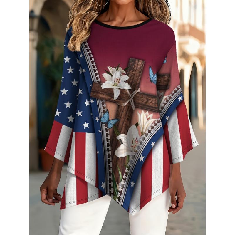 Printed fashionable new round neck flower stars and stripes print, loose irregular hem comfortable cross hem asymmetrical women s clothing S