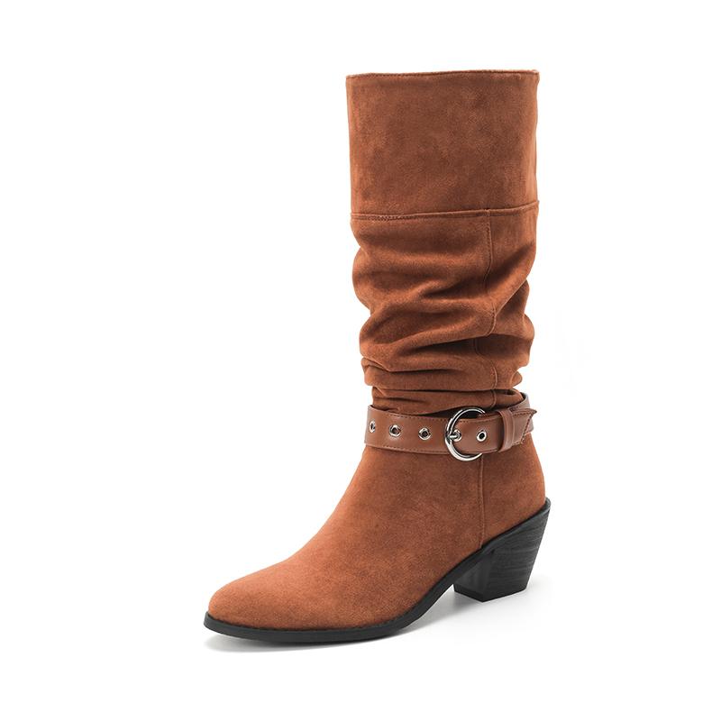 Fashion New Solid Color Comfortable Fashion Knee-high Fashion Ankle Strap Buckle Boots Round Head Square Heels Increase Winter High Boot