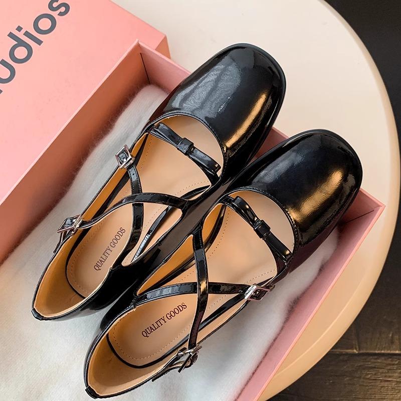 Fashion Chunky Single Shoes Spring New Square Head Shallow Mouth Butterfly Knot Metal Buckle Line Strap Non-slip High Heels