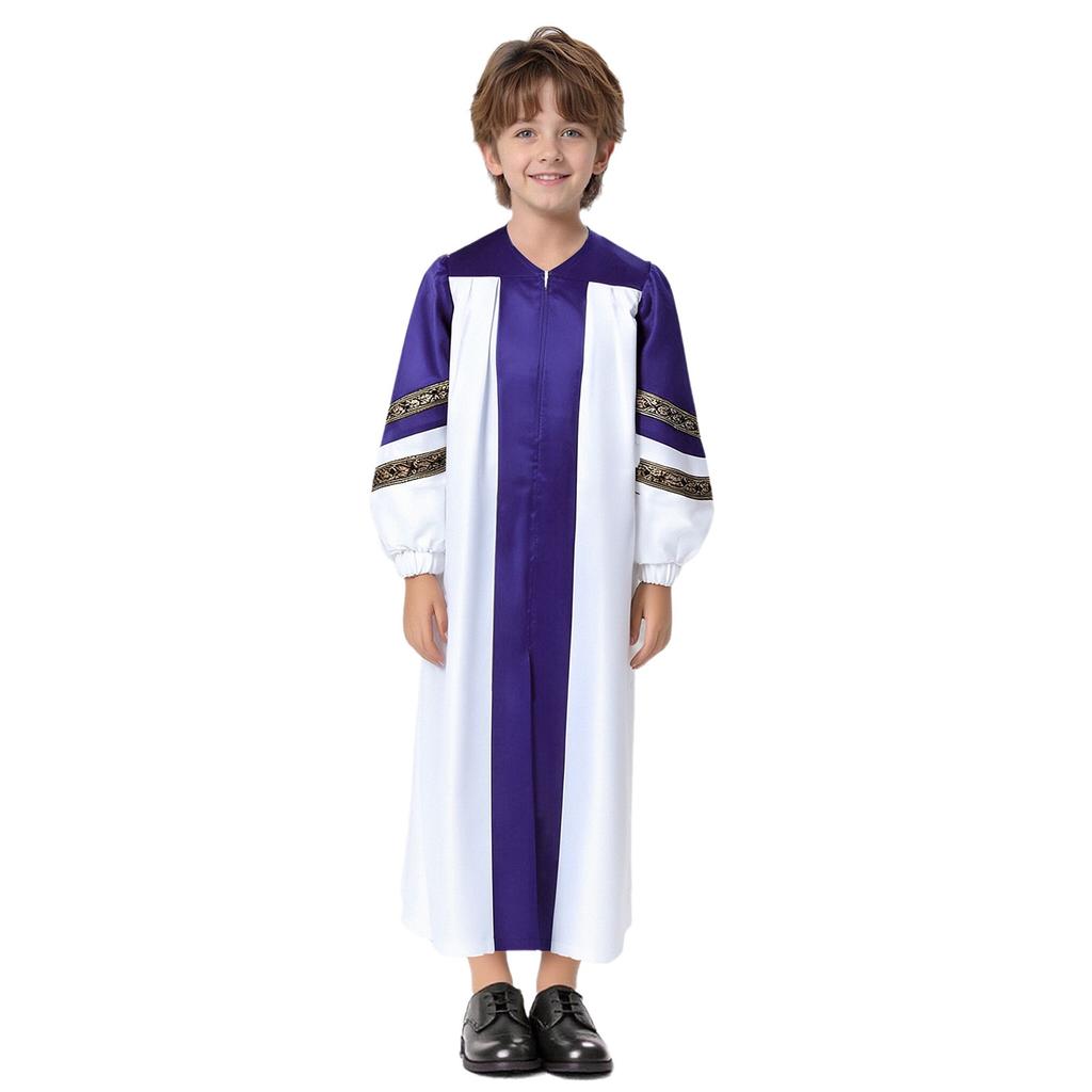 Kinderen Halloween Kostuum Priester Gewaad: Color Block Ritssluiting Badjas met Geborduurde Strepen voor Koor Themafeest