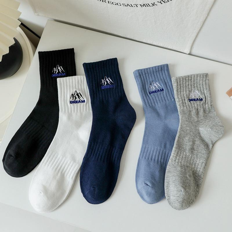 5/10 Pairs Spring Autumn Men's Solid Colour Elastic Waist Embroidered Trendy Casual Sports Socks Breathable Sweat Wicking Mid Calf Socks