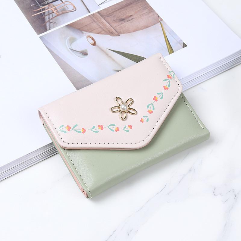 

Sweet And Charming Floral Print Pu Leather Women s Short Wallet Three-fold Clasp Coin Purse зелений