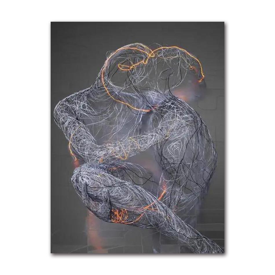 Abstract Metal Figure Statue Canvas Painting Poster and Prints Golden Portrait Sculpture Wall Picture for Living Room Home Decor