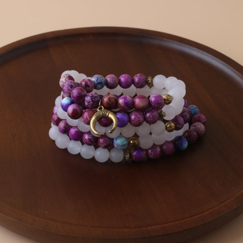 Purple Imperial Jasper & White Jade Mala Beads Necklace – Crescent Clasp Boho Jewelry, Calm Clarity Gift for Women