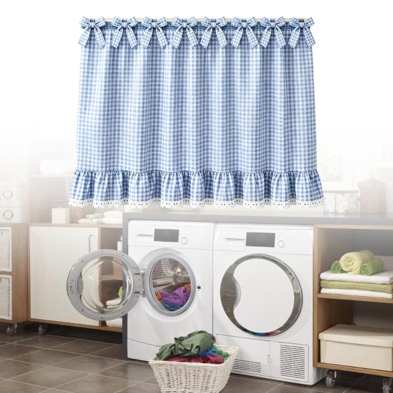 Laundry Room Appliance Cover Curtain, Tie-Top Gingham Dust Cover Panel, 30 x 21.5 In Cotton Blend for Indoor Use