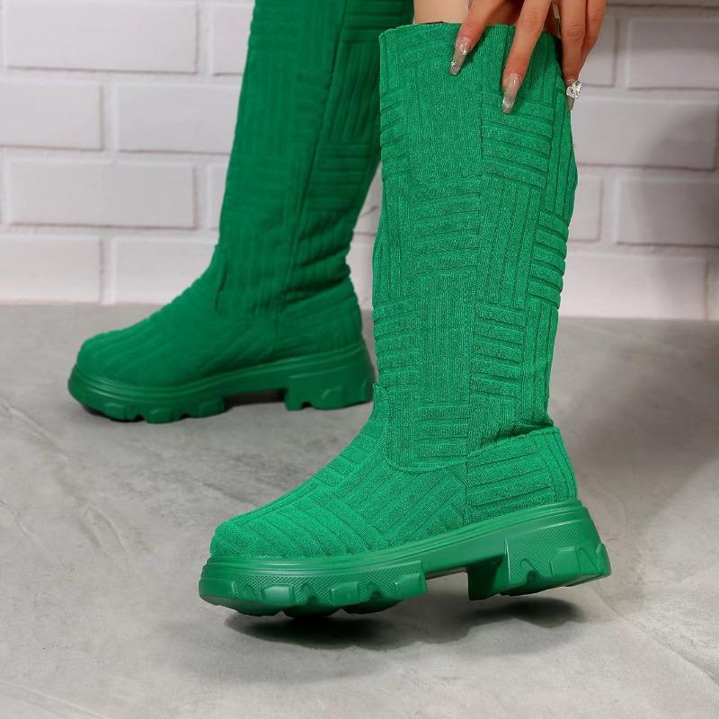 Chic Women Long Boots Brand Design Terry Cloth Knee-high Booties Ladies Thick Sole Pink Green Botas Tone To Tone