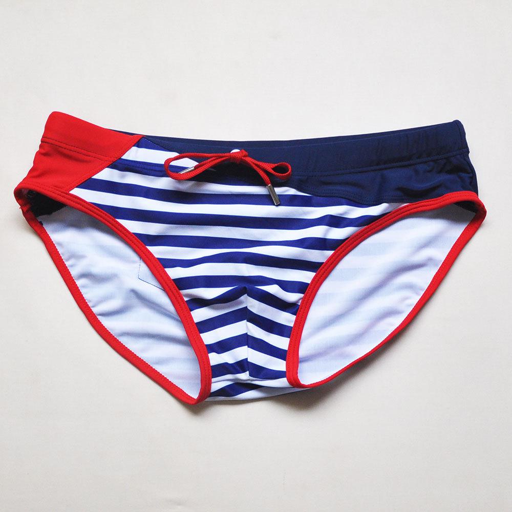 UXH Men's Navy Stripe Patchwork Triangle Swim Briefs with Pocket