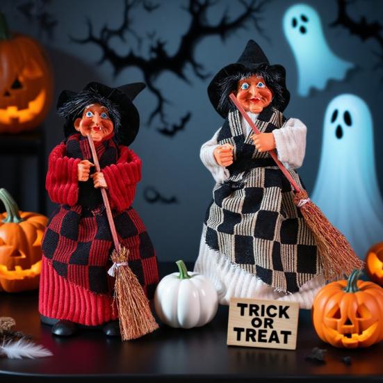 Halloween Witch Ornaments Spooky Witches Figures with Broomsticks Desktop Statue for Haunted House Party Decor