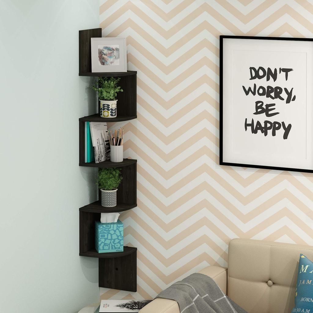 Furinno Rossi Espresso Corner Shelf, 5-Tier Wall-Mounted Floating Shelf [Officially Imported from Japan]