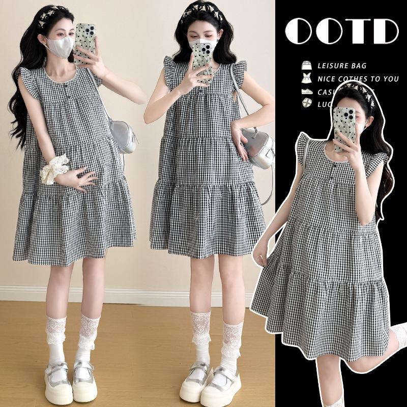 2026 Summer Ruffle Sleeve Plaid Maternity Dress with Belly Coverage Large