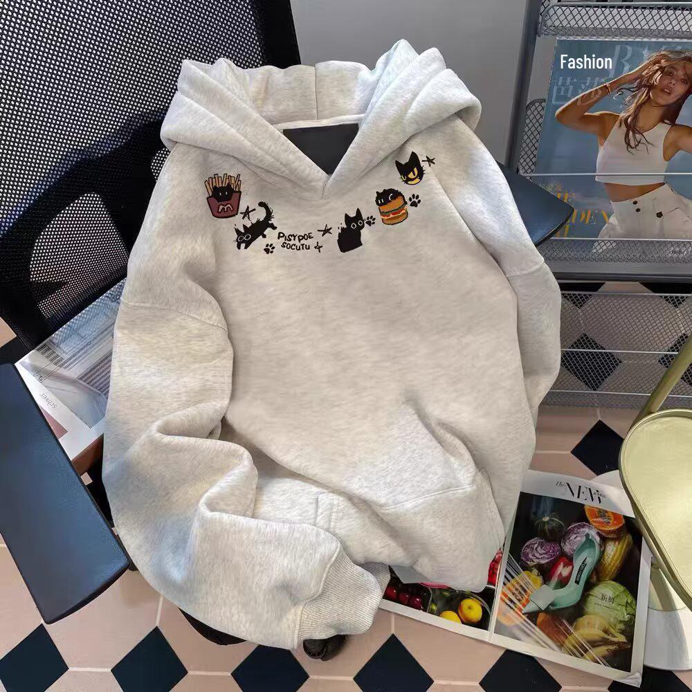 

Unisex Cat Print Long Sleeve Hoodie - Trendy, Casual, Versatile Loose Fit for Autumn/Winter. 3XL білий/сірий колір