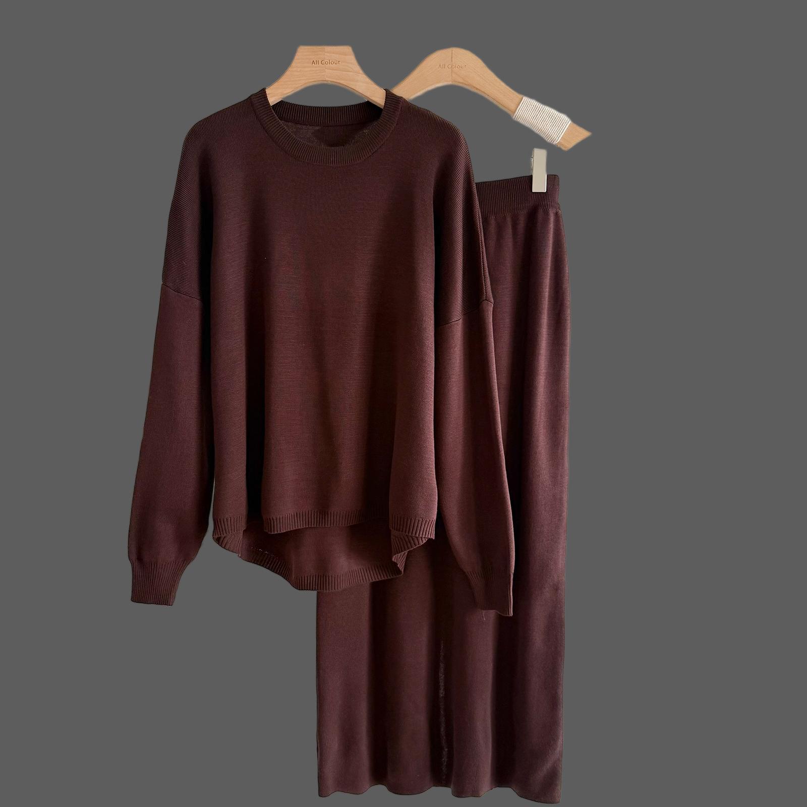 

Sweater Skirt Set Autumn and Winter Solid Color Simple Long Sleeve Fashion Casual Knitted Set One size кафе