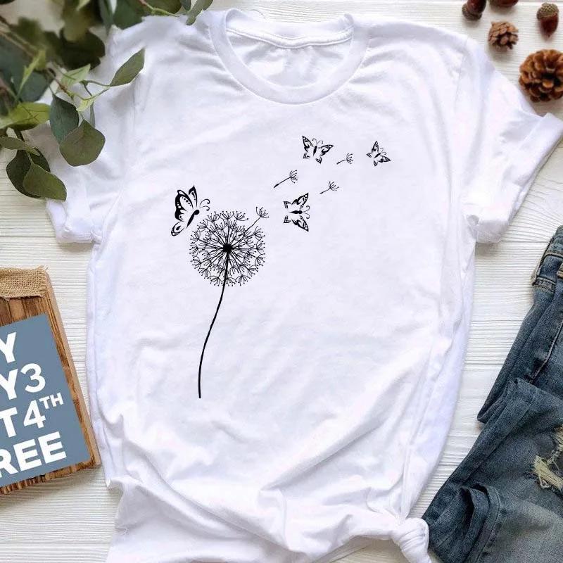 New Summer  Dandelion Butterfly Print Women Tshirt Casual White and Black T-shirt Funny T Shirt Gift for Lady Young Girl Tops