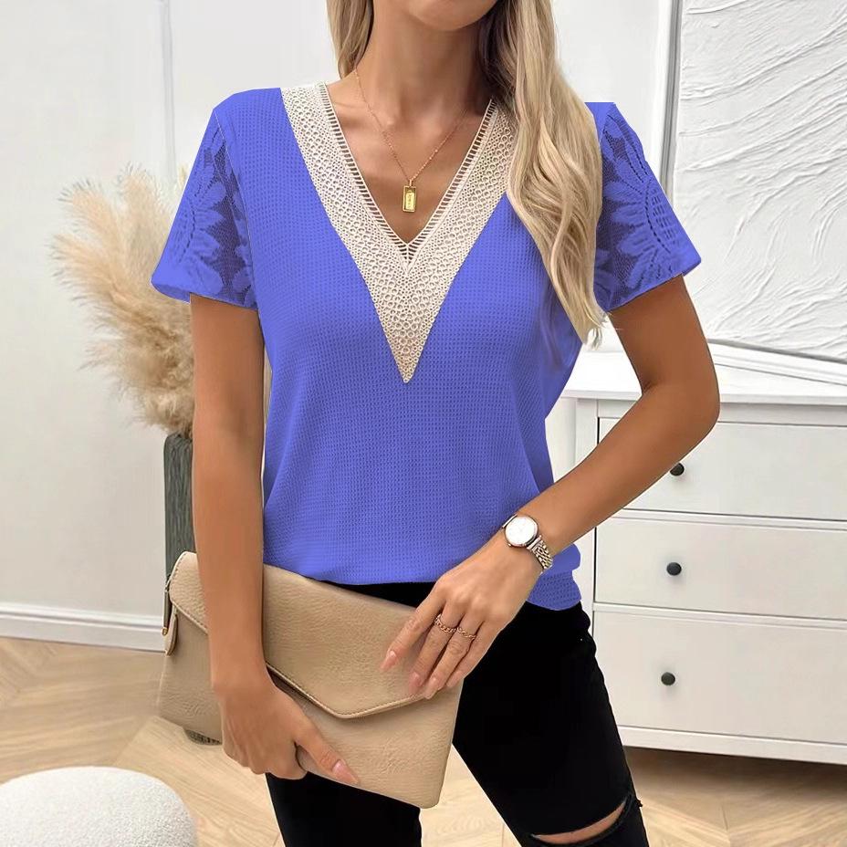 European-American Women's Casual V-Neck Short-Sleeved Lace Patchwork Henley Top