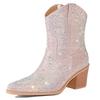 IPPEUM Rhinestone Boots Cowboy Women Black Ankle Design Chunky Heel Ponited Toe Size 43 New In Women's Western Boots