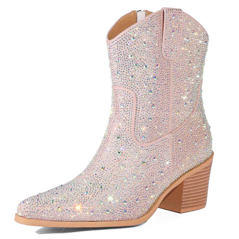 IPPEUM Rhinestone Boots Cowboy Women Black Ankle Design Chunky Heel Ponited Toe Size 43 New In Women's Western Boots