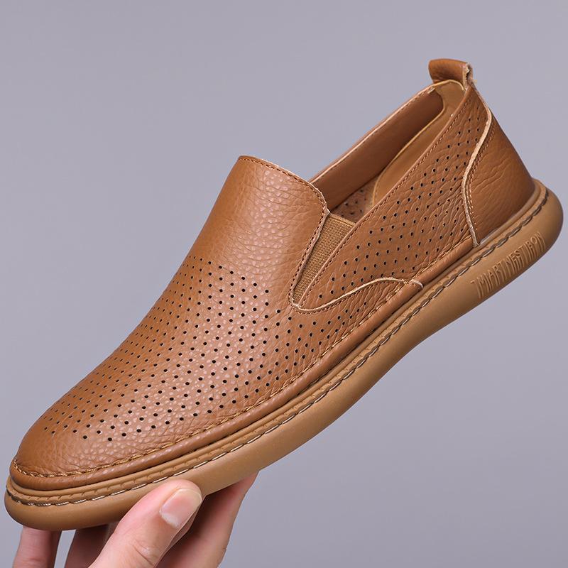 Summer New Shoes for Men Genuine Leather Casual Shoes Fashion Breathable Flat Leather Sandals Youth Slip-on Loafers