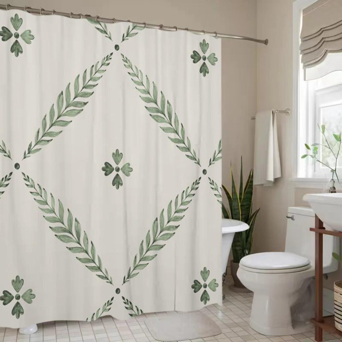 

Leafy Geometric Pattern Shower Curtain - Simple & Clean Design,Non-Perforated Ultra-Wide Rings, Spring Bathroom Decor W60H190(CM)-1 Pcs