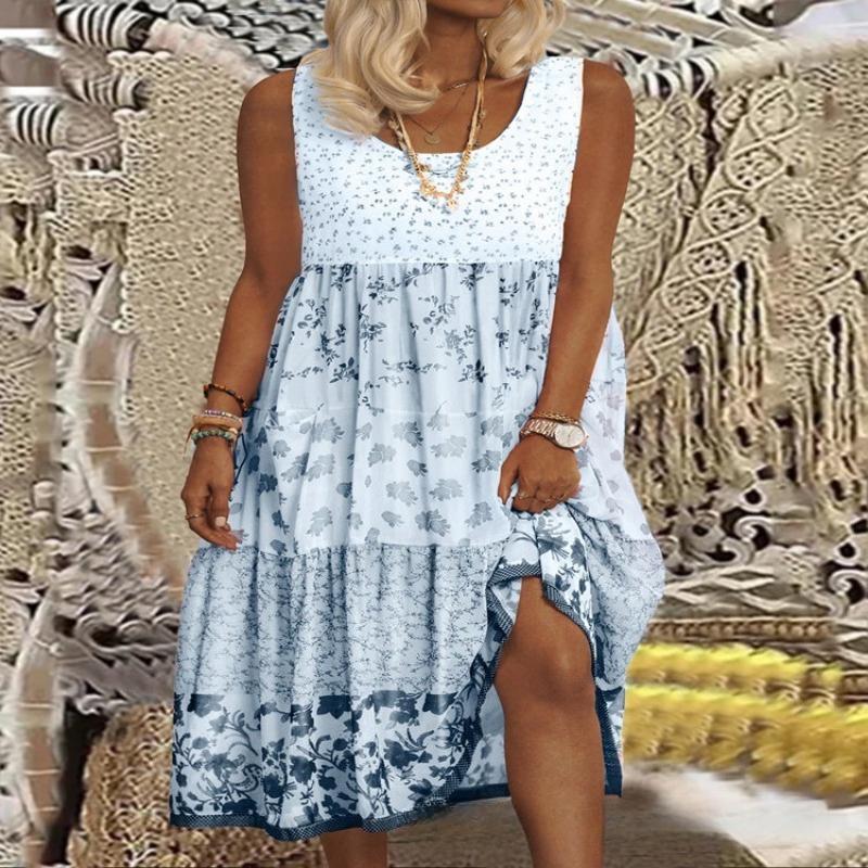 Spring/Summer Sleeveless Splicing Printed Loose Dress New Large Size Women's A-line Party Dress Round Neck Sweet Elegant Fashion Casual Sundress