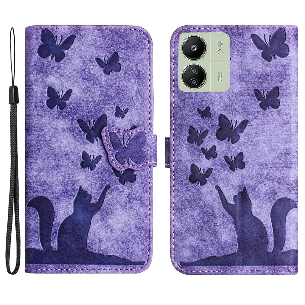 For Xiaomi Redmi 13C 4G/5G/13R 5G/Poco M6 5G/Poco C65 4G Case Cat Butterfly Imprinted Leather Magnetic Clasp Phone Cover