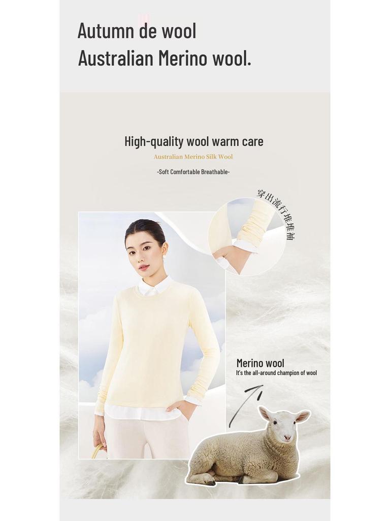 Tencel Wool Collar Base Shirt: Silk-Like, Light, Warm, Round Neck, Knitted Long Sleeve Top for Autumn/Winter Women.