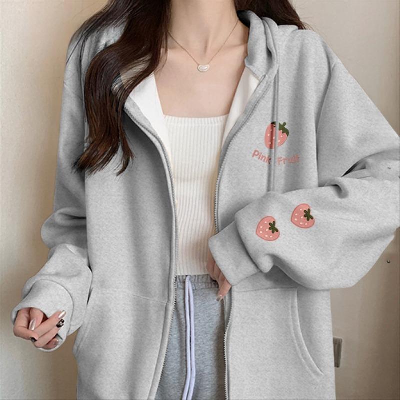 2026 New Strawberry Print Zipper Hooded Jacket Spring And Autumn Thin Collection Fashion Trends Versatile Casual Lazy Wind