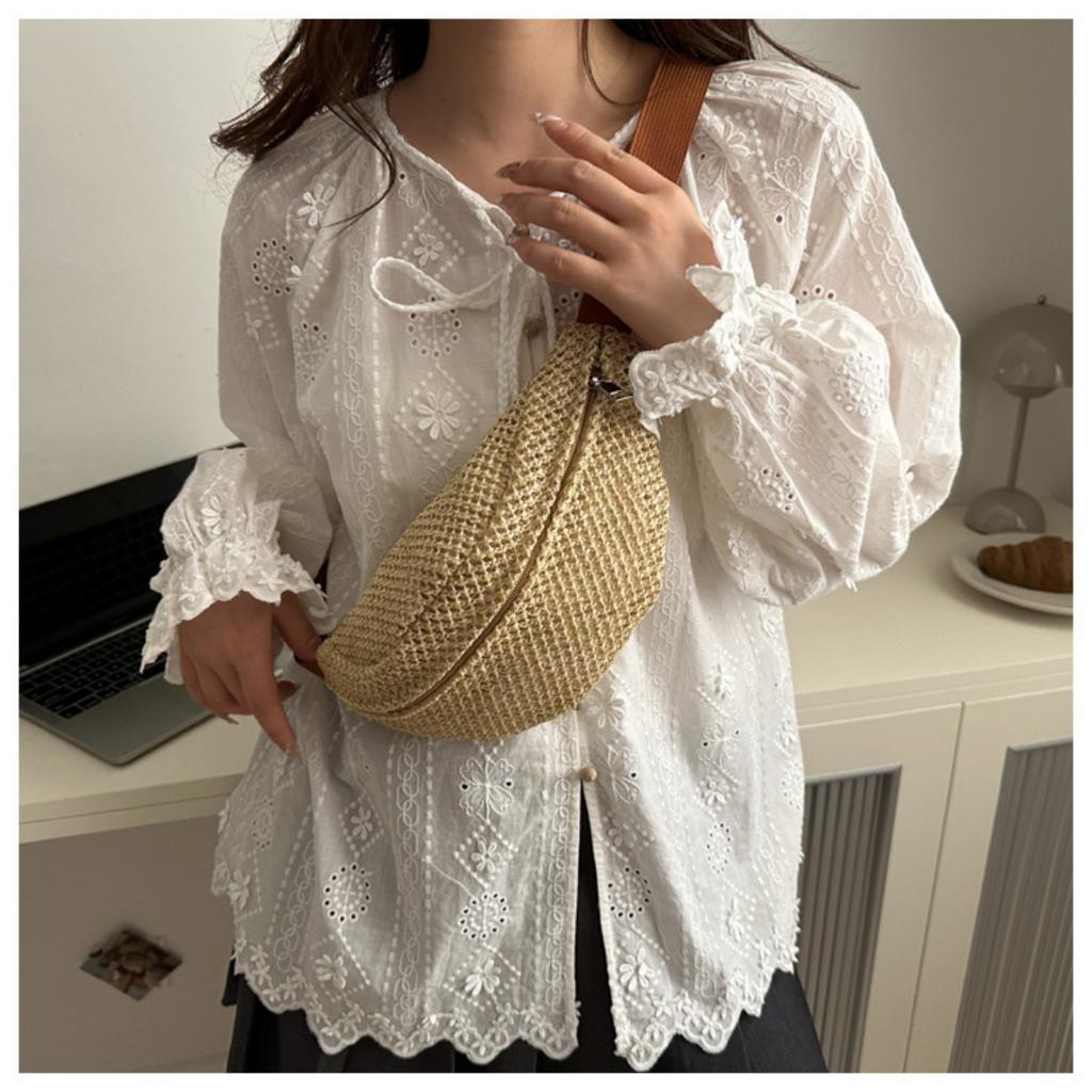 Women'S Stylish Woven Chest Bag - Light Brown, Crossbody Sling Phone Pouch with Zipper Closure, Versatile Waist Pack for Beach, Beach Bag