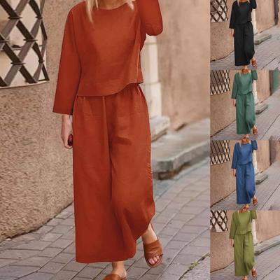 Women's Linen Two-Piece Suit Linen Suit Trousers And Long Sleeve Shirts Oversize Casual Trouser Suit Round Neck Linen Blouse Loose Linen Pant