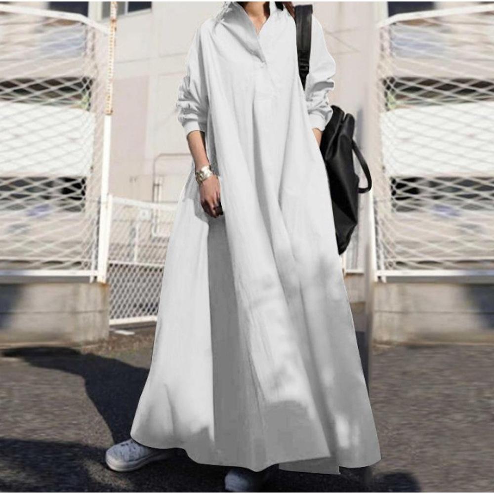 Women s Long Sleeve Lapel Solid Color Retro Ethnic Style Loose Long Dress S белый