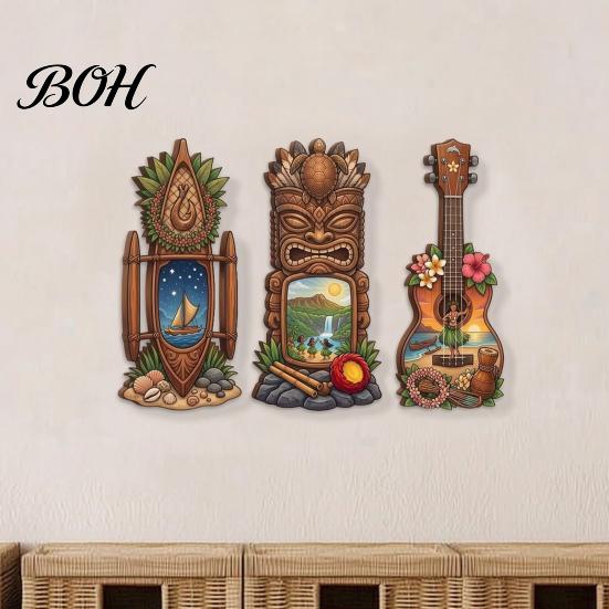 Three-piece Pendant Set 3Pcs Hawaiian Tiki Wooden Wall Hanging Sign, Tropical Surf Coastal Art, Art Exquisite Plaque for Home Bar Patio Decor