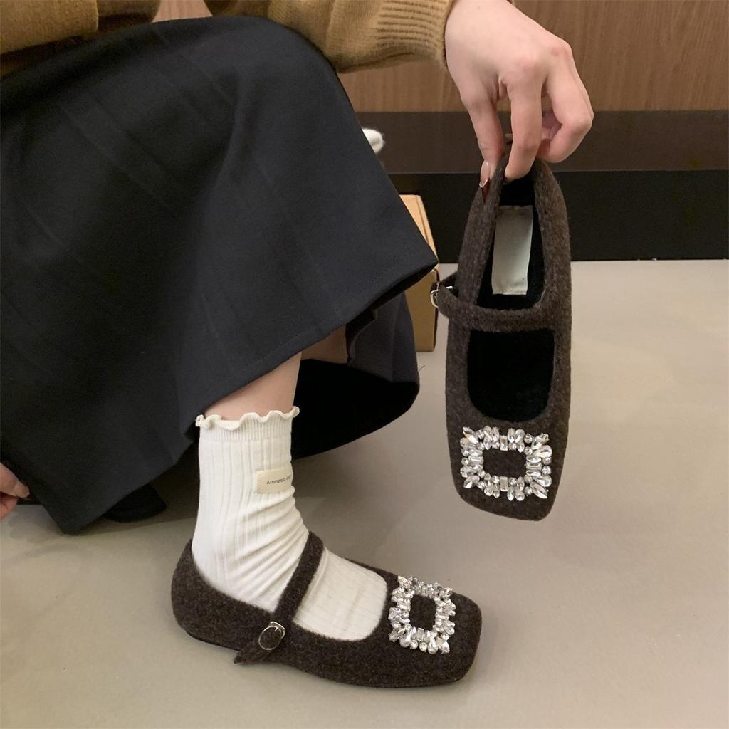 Evening Xiaoxiangfeng Square Diamond Word with Gray Velvet Small Single Shoes Soft Sole Warm Fluffy Mary Jane Cotton Shoes