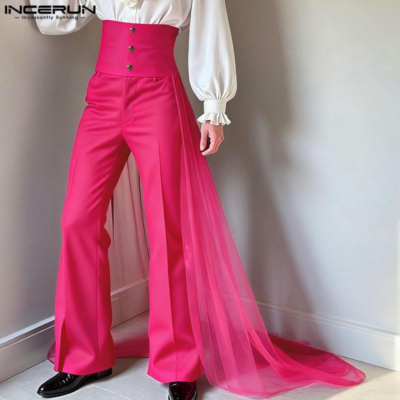 INCERUN Men's Zip-up High Waist Double Layers Mesh Patchwork Casual Long Pants Trousers