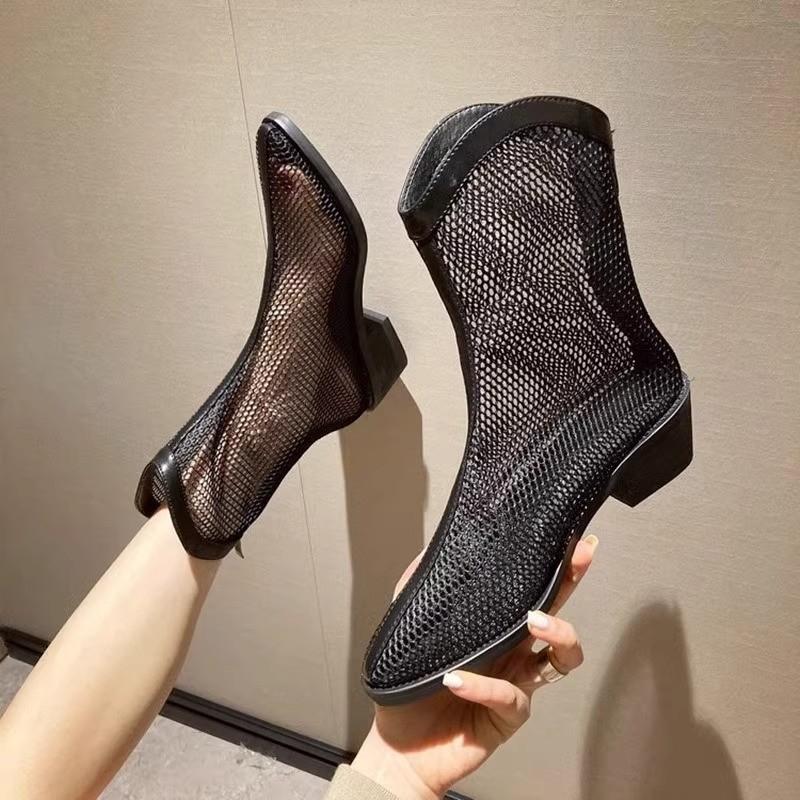 Fashion Fashion Short Boots Summer New Round Head Mesh Cloth Breathable After Zipper Anti-slip Wear-resistant Heel Cool Boots