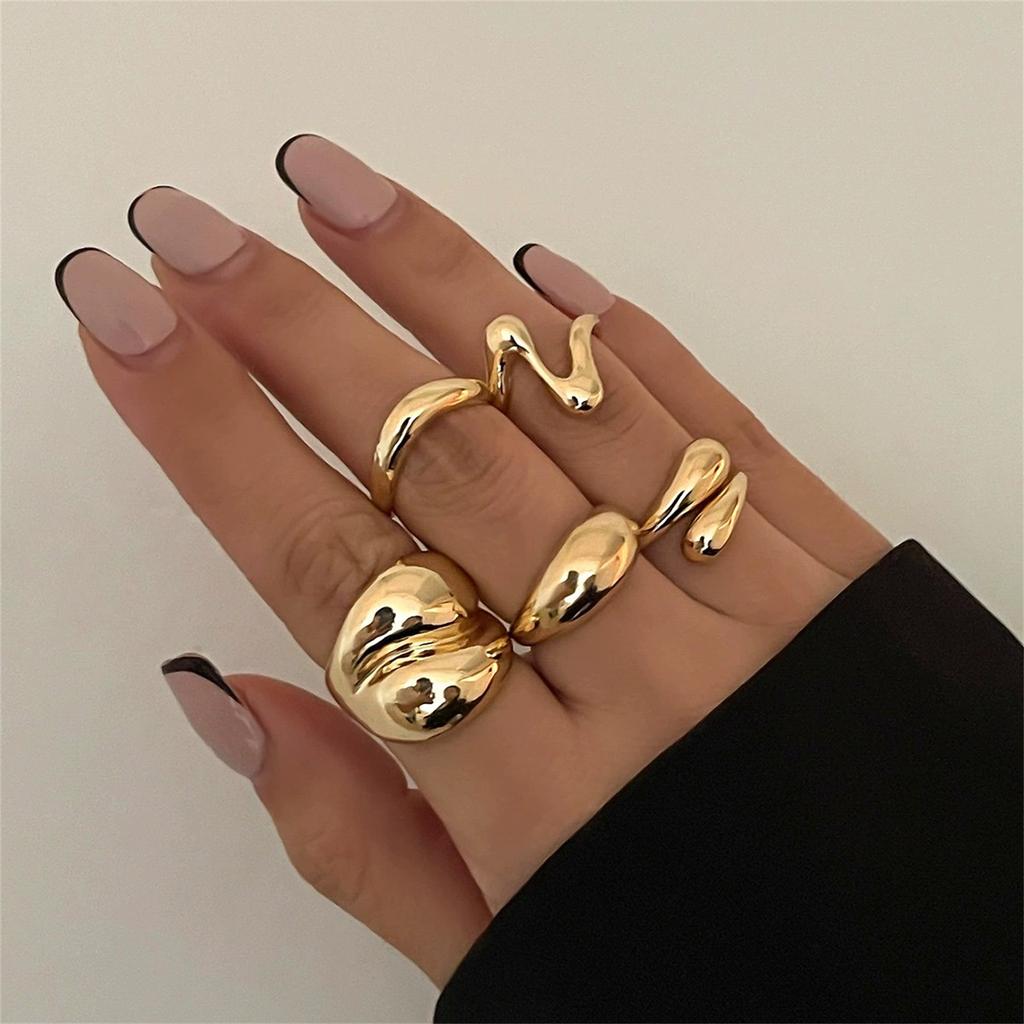 Chunky Gold and  Rings for Women - Adjustable Statement Open  Thick Stackable Rings Set