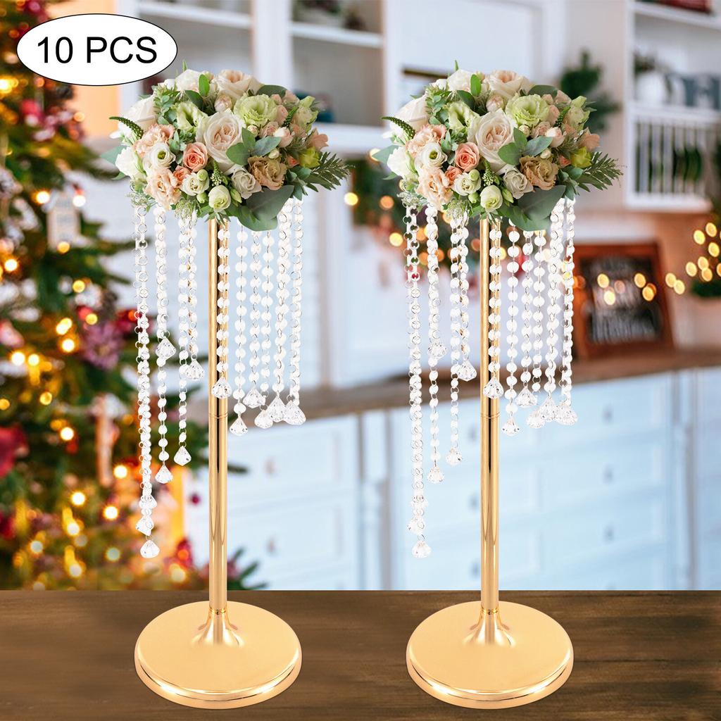 10 Pcs 27.5inch Tall Crystal Look Flower Stands, Elegant Gold Metal Table Centerpieces for Weddings & Party Decor, Bulk Vase Set
