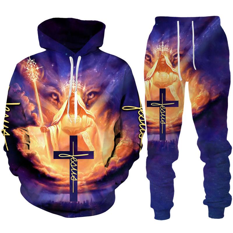 Spring Autumn Fashion Casual Men's Hoodies Set 3D Animal Lion Cross Printing Sweatshirts Sweatpants 2 Piece Set Men Clothing Suit