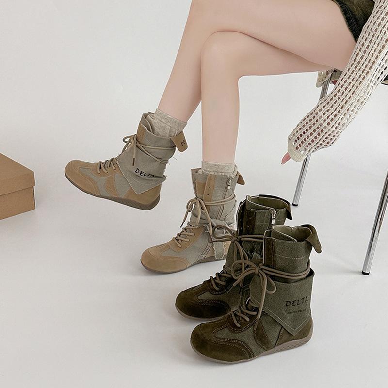 Versatile retro style splicing design sense boots women's autumn and winter fashion color matching lace-up thick-soled tooling boots short boots