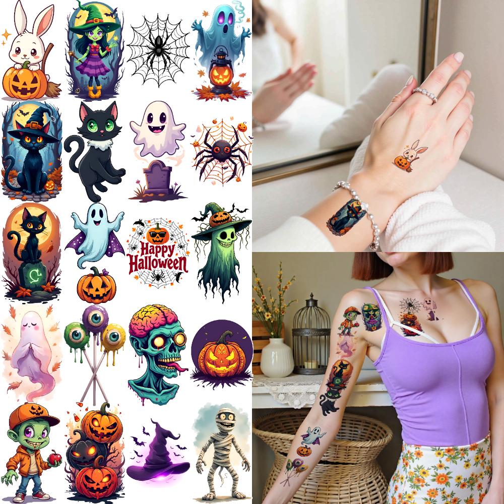 54 Stück Temporäre Tattoos Dekorative Aufkleber Wasserdicht Langlebige Körperaufkleber Halloween-Aufkleber Cartoon Für Frauen Männer