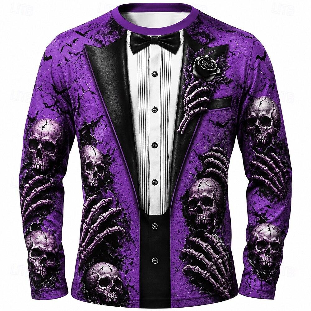 2026 Halloween Mannen Schedel Skelet T-shirt Lange Mouwen T-shirt 3D Print Ronde Hals Shirt Mode