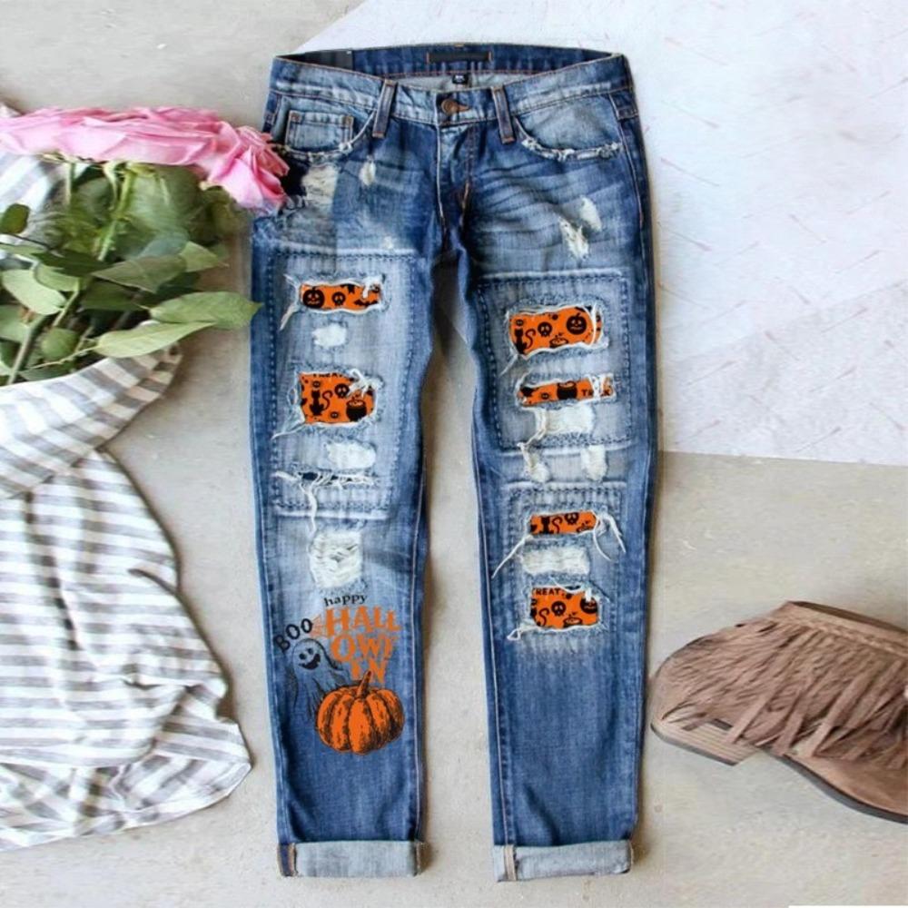Women's Mid Rise Straight Leg Distressed Halloween Pumpkin Ghost Patch Print Long Denim Pants Summer Street Jeans