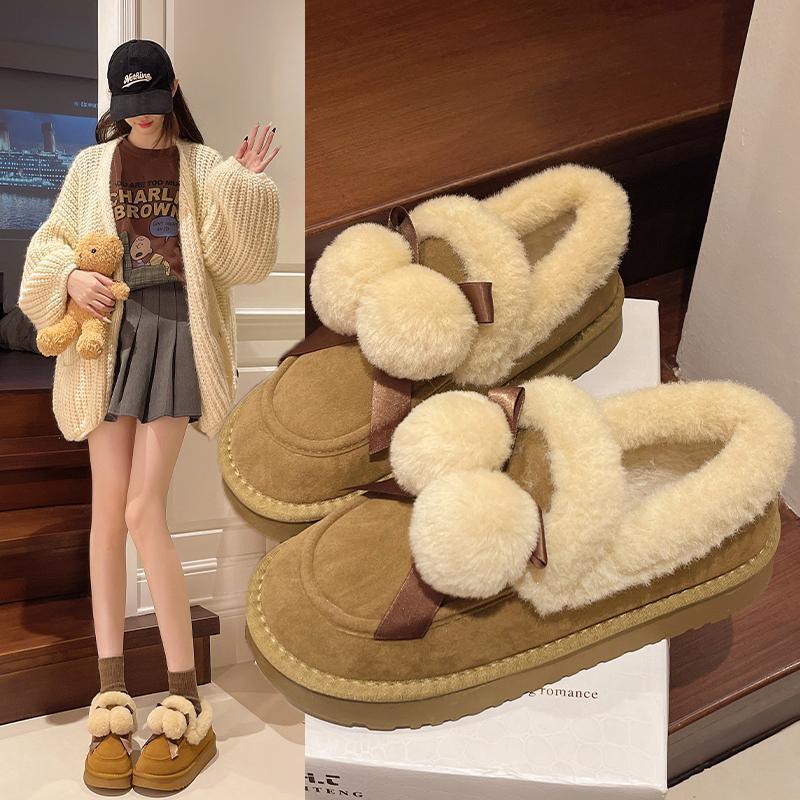 Women's Large Size Hairball Decoration Soft Sole Winter Warm Fur Snow Boots Padded Lined Ankle Boots Non-Slip Hiking Casual Sports Cotton Boots