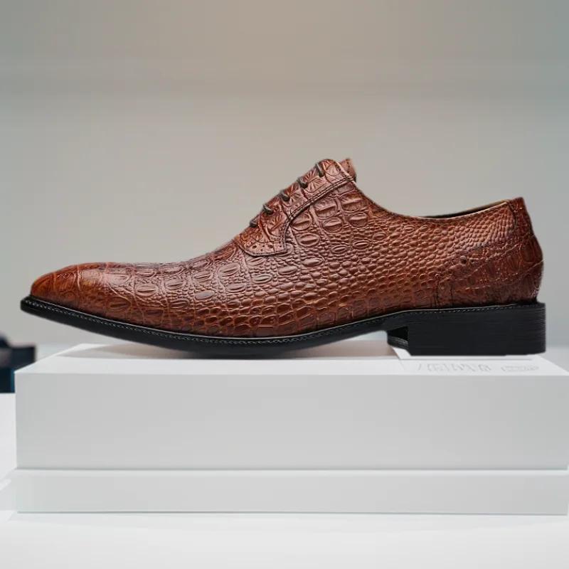 Fashion Men's Luxury Crocodile Pattern Genuine Leather Shoes Handmade Vintage Casual Custom Pointed Toe Oxford Dress Shoes
