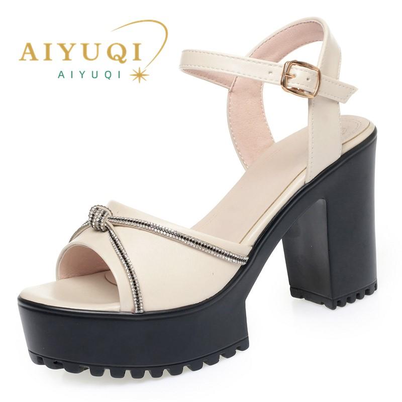 Fashion AIYUQI Women Sandals High Heels 2025 New Genuine Leather Fashion Women Sandals Large Size Rhinestone Summer Sandals Women