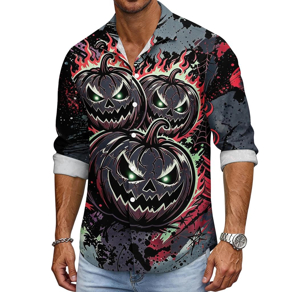 Men's Halloween Long Sleeve Button Down Shirt with Collar Casual for Holiday Parties