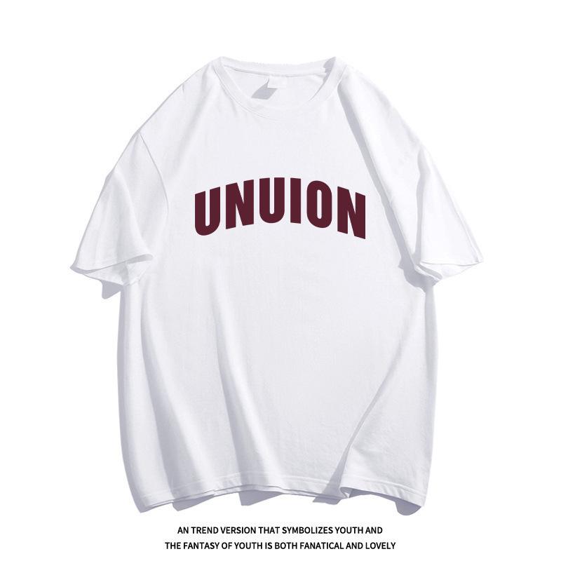 Cotton heavy white letter print short-sleeved T-shirt men and women summer students trend loose retro versatile top S