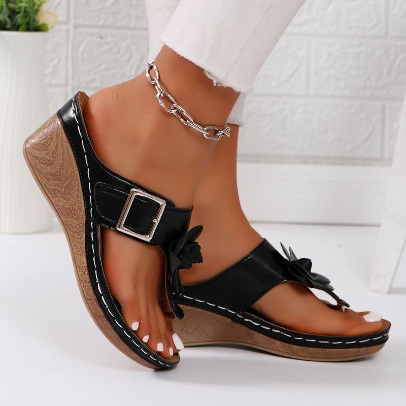 

Women s Wedge Flip-Flop Sandals, Open Toe Floral Buckle Summer Slides, Plus Size Casual Footwear 36