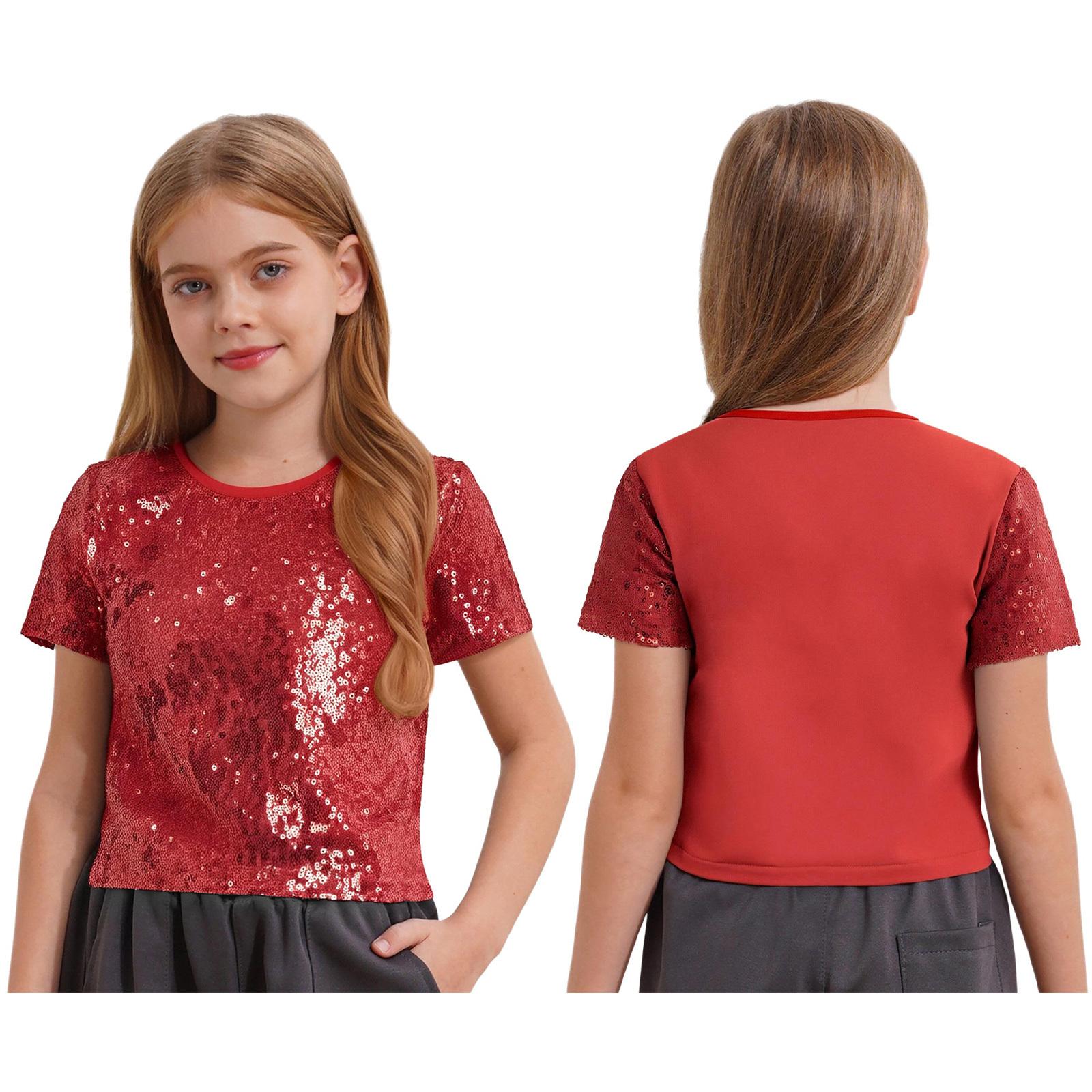 

Children‘s Sequin Crop Top Short Sleeve Round Neck Sparkly Hip Hop Jazz Dance Stage Wear 7-8 Years червоний